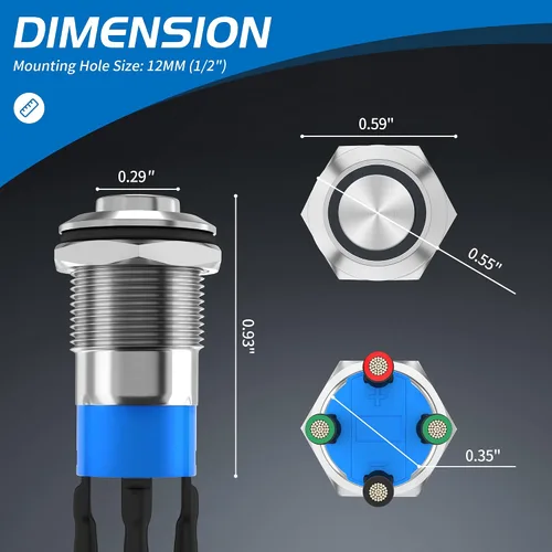 Miniatura 2 de Interruptor de botón de enganche DaierTek de 12 mm, interruptor de botón de 12 V, carcasa plateada, luz LED azul iluminada, interruptor impermeable