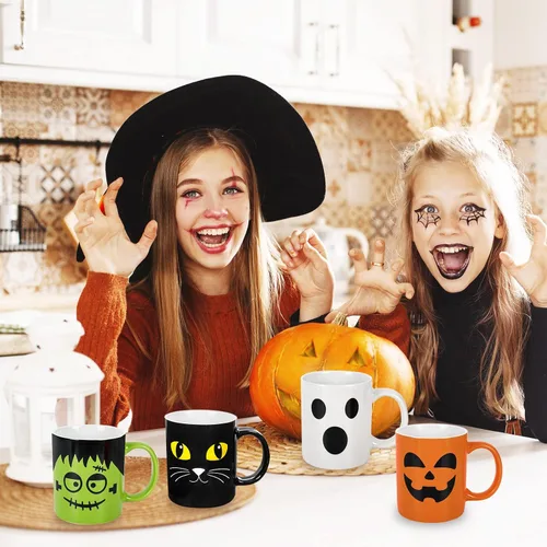 Miniatura 4 de Whaline Juego de 4 tazas de Halloween de 12 onzas con diseño de calabaza, gato, monstruo, fantasma, tazas de cerámica a juego para el hogar