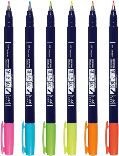 Miniatura 4 de Tombow 56437 Fudenosuke Neon Brush Pen, paquete de 6 bolígrafos de punta dura Fudenosuke en varios colores neón para caligrafía y dibujos artísticos