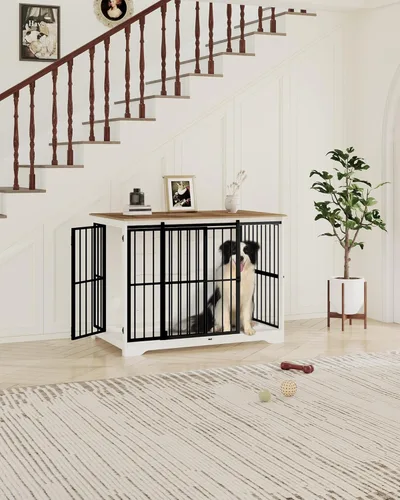 Miniatura 3 de Hzuaneri XXL Mueble de jaula grande para perros, mueble de perrera de interior de 46.9" con puerta de granero, jaula alta de madera para perros