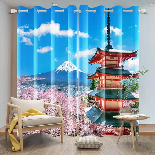 Miniatura 58 de Cortinas japonesas con pintura de tinta, monte Fuji, sol rojo, puesta de sol, hojas de bambú, cortinas de ventana para dormitorio, sala de estar