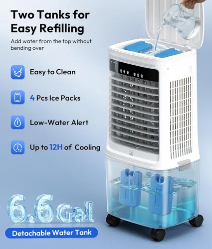 Miniatura 10 de Enfriador de aire evaporativo portátil 3 en 1, enfriador de pantano de 2000 CFM con tanque doble de 6.6 galones y 4 paquetes de hielo, control