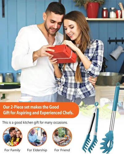 Miniatura 6 de Cuchara de silicona para espaguetis y pinza para pasta, mango de acero inoxidable antiadherente, juego de tenedores para pasta con dientes, clip Azul