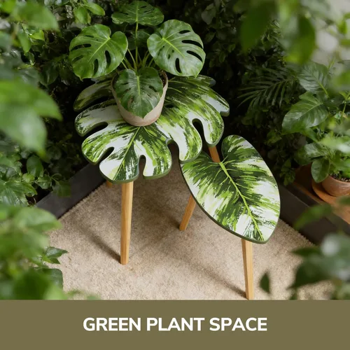 Miniatura 5 de BAMEOS Monstera - Juego de 2 mesas auxiliares pequeñas con patrón de venas de hojas, modernas mesas auxiliares de madera para sala de estar
