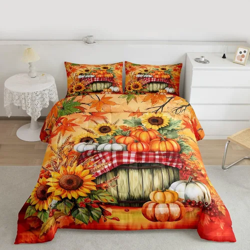 Miniatura 4 de Juego de edredón de cosecha de calabaza de otoño, tamaño individual, juego de ropa de cama de otoño con hojas de arce y girasol, decoración