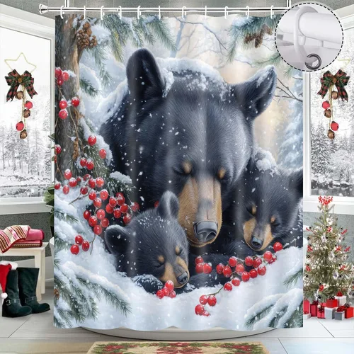 Miniatura 7 de Wathon Cortina de Ducha de Oso Negro de Invierno Escena Nevada Cortina de Baño con Osos Abrazándose Rodeados de Nieve y Bayas Rojas, Decoración