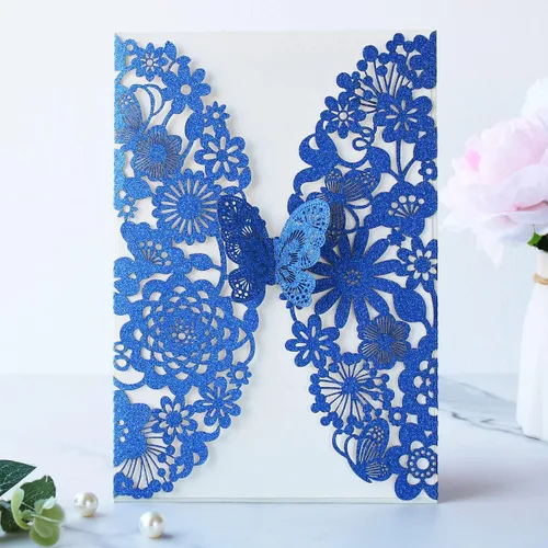 Miniatura 2 de Hosmsua 50 invitaciones de quinceañera de mariposa azul rey y sobre de 5.12 x 7.3 pulgadas, corte láser, flora de encaje, invitación de quinceañera