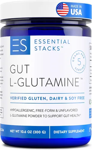 Essential Stacks Polvo de L-glutamina Gut - Fabricado exclusivamente en Estados Unidos - Polvo de glutamina pura L para la salud intestinal (60