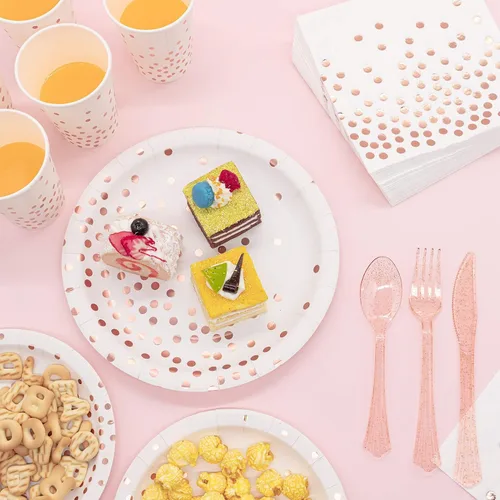 Miniatura 5 de Partylamb Suministros de fiesta de color blanco y oro rosa, juego de vajilla desechable de 350 piezas con platos, servilletas, tazas, tenedores, A1.