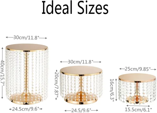 Miniatura 6 de Bigsee Juego de 3 soportes para pasteles dorados, soporte de pastel de metal con espejo, pedestal de pastel con colgantes de cristal y cuentas