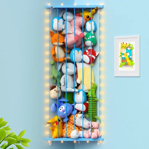 Miniatura 7 de Red de almacenamiento de animales de peluche de esquina – Soporte para animales de peluche con luces – Organizador de felpa colgante hamaca de Azul