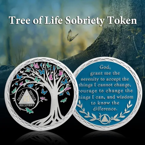 Miniatura 2 de Moneda de sobriedad de 11 meses – Monedas AA del árbol de la vida de mariposa de recuperación – Fichas AA de once meses y medallones – 1-40 chips