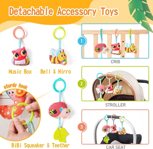 Miniatura 3 de Jollybaby Cochecito de cuna, juguetes para asiento de automóvil para bebé de 0-3-6-9-12 meses, juguetes sensoriales colgantes para recién nacido