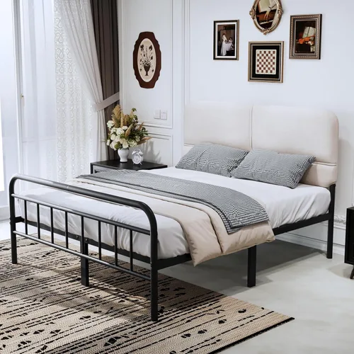 Miniatura 3 de Base de cama metálica de 14 pulgadas, base de cama tamaño matrimonial con cabecero tapizado, base de colchón resistente y de alta capacidad, fácil