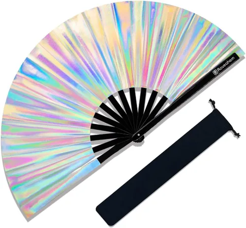 Miniatura 7 de Ventilador grande para rave, ventilador de mano plegable Clack con tela de primera calidad, marco de bambú grueso para hombres y mujeres, regalo