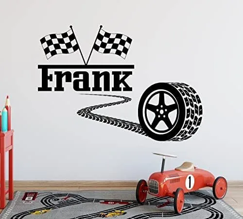 Calcomanía de pared personalizada para neumáticos de automóvil de carreras, bandera de coche de carreras F1, calcomanía de vinilo para pared de