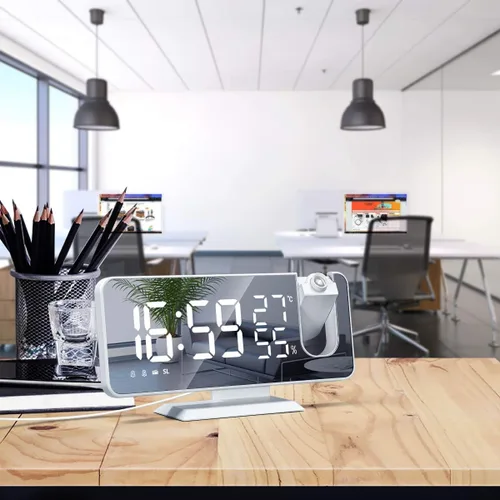 Miniatura 9 de ThreeH Reloj despertador de proyección con cargador USB Proyector giratorio de 180° Reloj despertador con radio FM Pantalla de espejo de 7.4