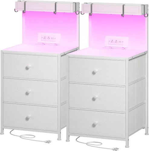 Miniatura 10 de EnHomee Mesita de noche alta con estación de carga y mesita de noche LED con 3 cajones, mesa de noche con cajones y tomas de corriente, mesita