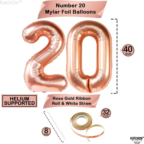 Miniatura 4 de KatchOn, Globos de oro rosa con el número 20 de 40 pulgadas, paquete de 12, 20 globos con confeti, bonitas decoraciones de cumpleaños de 20 años