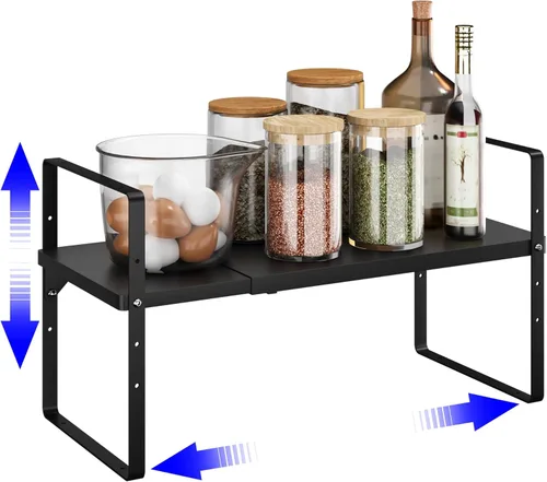 Organizador de estante expandible para gabinete, almacenamiento apilable para mostrador de despensa de cocina, soporte ajustable para armario, Negro