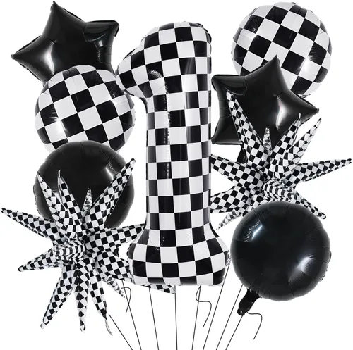 Miniatura 26 de TONIFUL 18 globos a cuadros blancos y negros, globos de carreras de 18 pulgadas para decoraciones de fiestas temáticas de autos de carreras rápidas