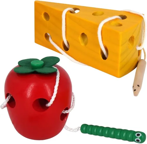 Sealive Juguetes de madera con cordones de desarrollo temprano, orugas Montessori Actividad Orugas Comen Manzana y Juguetes de Queso para Niños,