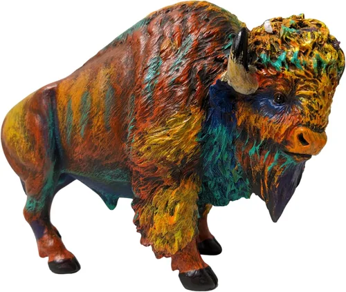 Figura rústica de bisonte de resina colorida, majestuosa estatua de bisonte americano con detalles realistas, decoración inspirada en la naturaleza