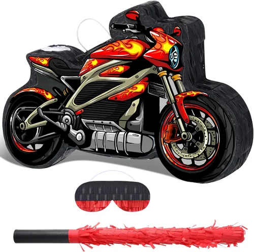 Shappy Piñata de motocicleta 3D Dirt Bike Piñata con palo para los ojos vendados, decoración de cumpleaños de motocicleta roja, decoración de fiesta