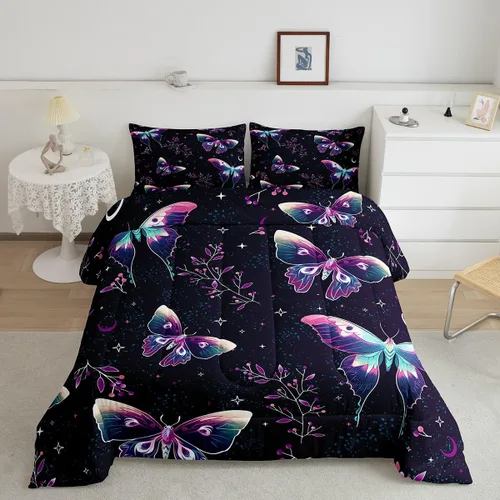 Miniatura 20 de Erosebridal Juego de ropa de cama de calavera gótica, flores mandala, mariposa hippie para niñas y niños, edredón de esqueleto de la muerte de Negro