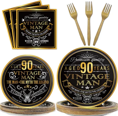 Wiooffen Juego de 96 piezas de vajilla vintage para fiesta de 90 años en 1936, tema 90 para fiesta de cumpleaños, suministros de decoración de mesa