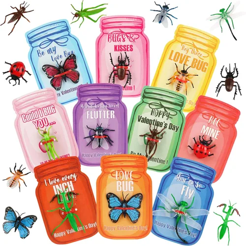 POPGIFTU Regalos del día de San Valentín para niños, paquete de 30 tarjetas de San Valentín con juguetes para insectos, divertidas tarjetas de