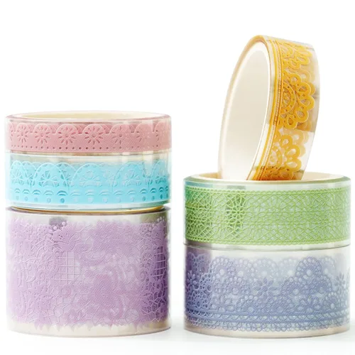 Miniatura 12 de 6 rollos de cintas de PET con patrones de encaje de artes florales, juego de cintas decorativas adhesivas transparentes de enmascarar para Suave