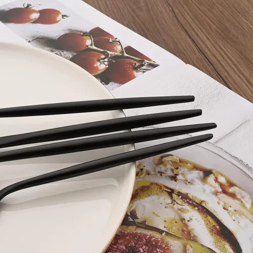 Miniatura 7 de Juego de cubiertos de 28 piezas con cuchillos para carne, cubiertos de acero inoxidable 18/8, juego de cubiertos modernos para 4 tenedores de Negro