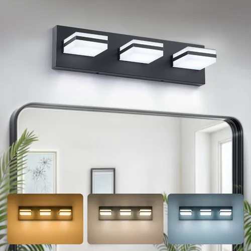 VONLUCE Lámpara de tocador de baño, 3 luces LED modernas de tocador, luz de baño ajustable 3CCT con función de memoria, pantallas giratorias,