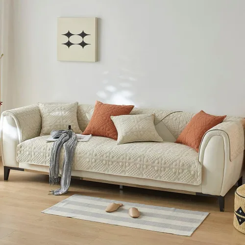 vctops Funda para sofá con bordado geométrico vintage, de algodón, acolchada, color sólido, antideslizante, súper suave, protector de muebles Beige