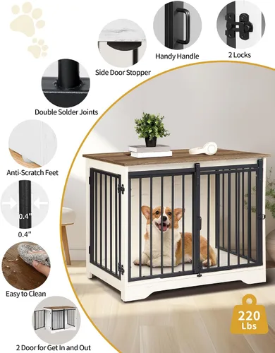 Miniatura 7 de Hzuaneri Mueble de jaula para perros de 31.9 pulgadas con puerta de granero, perrera resistente para interiores con 2 puertas, mesa auxiliar