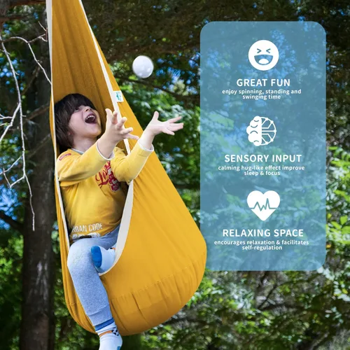 Miniatura 4 de OUTREE Asiento de columpio para niños, hamaca de algodón para niños, columpio sensorial para uso en interiores y exteriores, amarillo y blanco