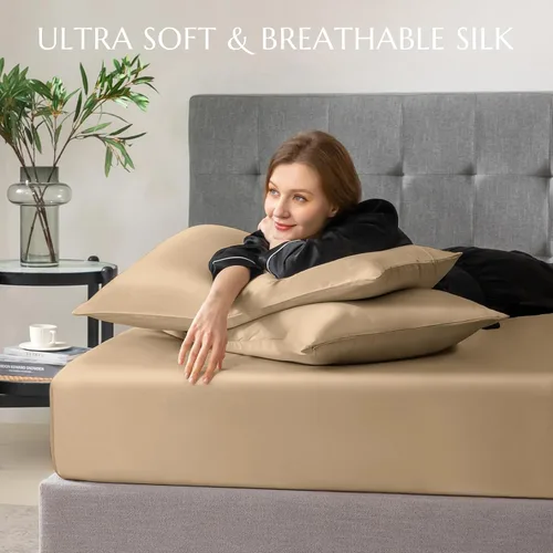 Miniatura 56 de THXSILK Juego de sábanas bajeras de 100% seda de morera, 3 piezas de seda 7A+, transpirable, suave, sábana bajera de 16 pulgadas de profundidad, 2