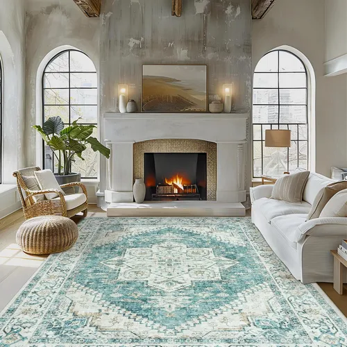 Miniatura 8 de Alfombra de área para sala de estar: alfombra grande lavable a máquina de 9 x 12 pies, diseño bohemio vintage medallón suave, alfombra fina