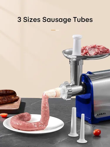 Miniatura 5 de Picadora de carne eléctrica, embutidora de salchichas con 3 tubos para salchichas, 2 cuchillas, 3 placas, 3200W máx, picadora de carne de alta Azul