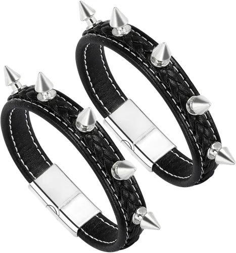 Miniatura 7 de MILAKOO Pulsera de cuero punk para hombre, pulsera de cuero con espiga para mujer