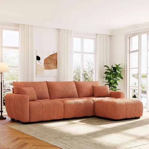 Miniatura 8 de Merax Moderno juego de sofá Boucle en forma de L con una otomana móvil y almohadas, sofá modular de 4 asientos con asiento extragrande para sala
