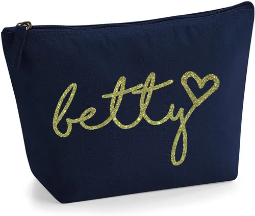 Miniatura 20 de Bolsa de accesorios de maquillaje con iniciales de nombre escritas a mano personalizadas en color negro con purpurina o textura de flocado