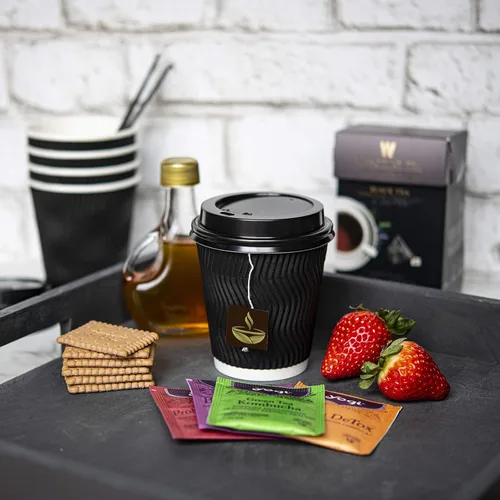 Miniatura 2 de NYHI Paquete de 100 vasos de papel negro de 10 onzas con tapas negras, popotes, tazas de café, desechables, sin BPA, aisladas, onduladas, vasos