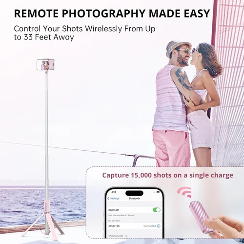 Miniatura 3 de ATUMTEK Trípode selfie stick de 55", trípode extensible todo en uno de aluminio para teléfono con control remoto Bluetooth recargable para iPhone