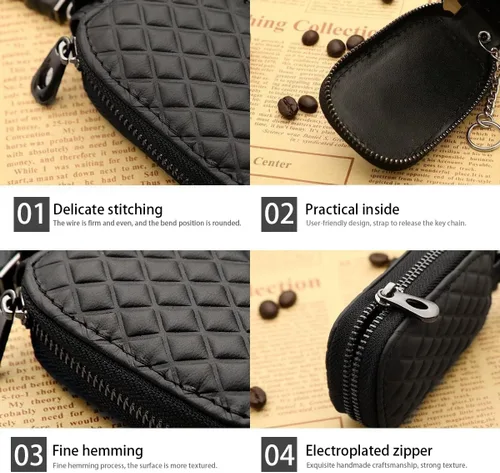 Miniatura 4 de BELOMI Estuche para llaves de auto, funda de llave remota de cuero genuino, llavero con gancho de metal, bolsa con cremallera para llave de vehículo