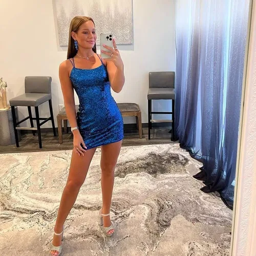 Miniatura 4 de Wchecalino - Vestido corto de cóctel con tirantes delgados y lentejuelas para fiesta de exalumnos, ajustado, brillante, vestido corto de cóctel