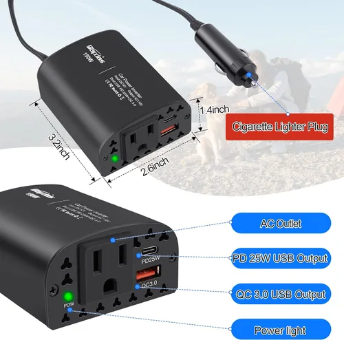 Miniatura 3 de 150W inversor de corriente de coche DC 12V a 110V AC adaptador de salida de coche con PD 25W &QC3.0 puertos USB cargador de coche para laptop