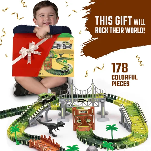 Miniatura 4 de JITTERYGIT - Juego de pista de carreras de dinosaurios jurásicos que brillan en la oscuridad, juguete de mundo de dinosaurios, pista de carreras