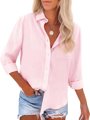 Miniatura 13 de Camisas de algodón con botones, para mujer, camisas de vestir Oxford, camisas de trabajo de manga larga, blusas con cuello y bolsillo